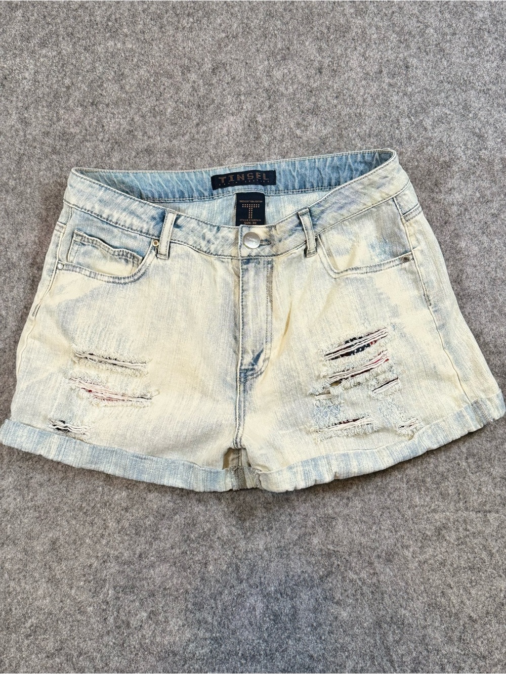 Tinsel Denim Couture Distressed Denim Shorts USA Flag Lined Size 30